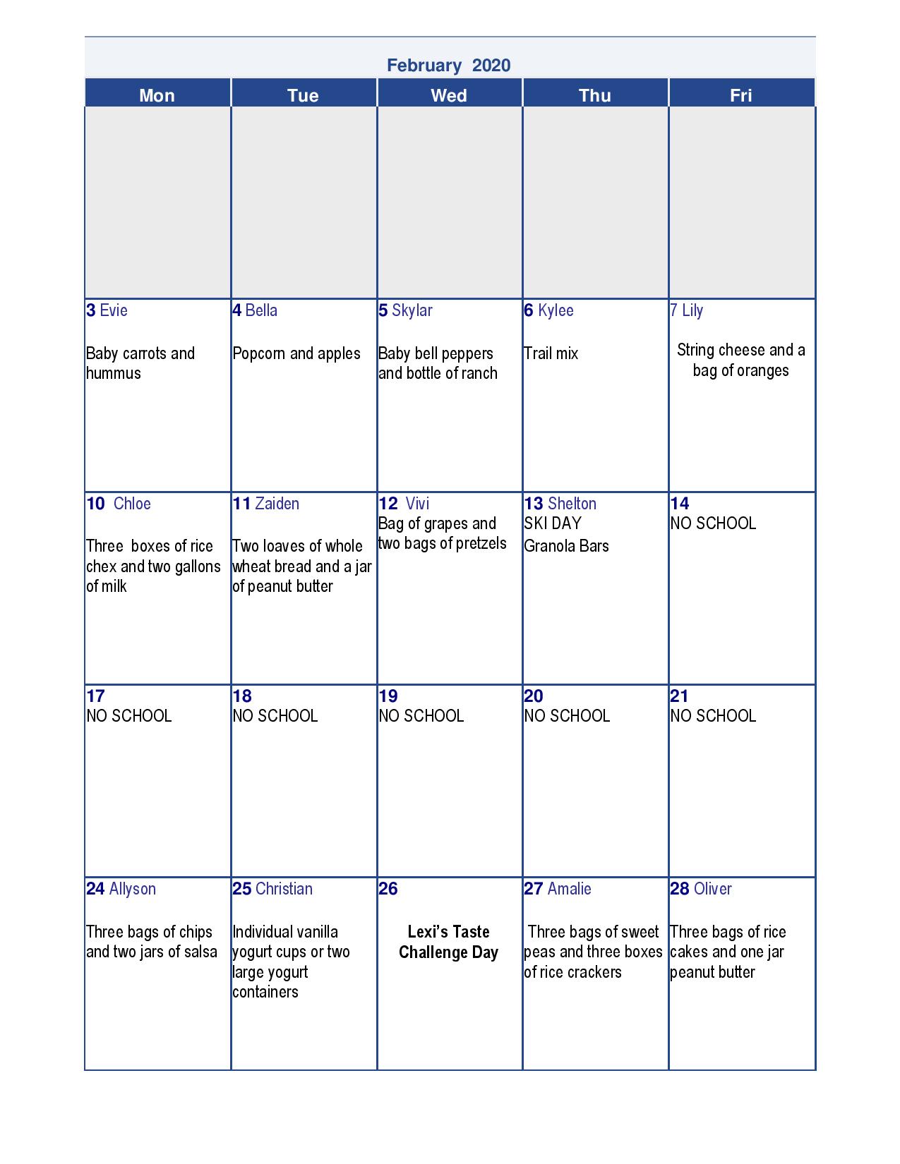 Snack Calendars – Pagosa Peak Open School