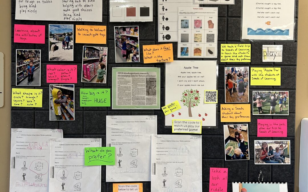 A board of pictures, articles and questions to demonstrate the kindergarten project on toy research.