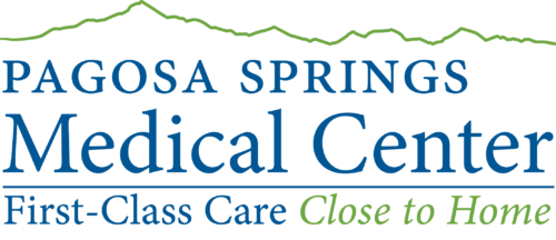 Pagosa Springs Medical Center logo. Name with green line representing mountains and a tag line 